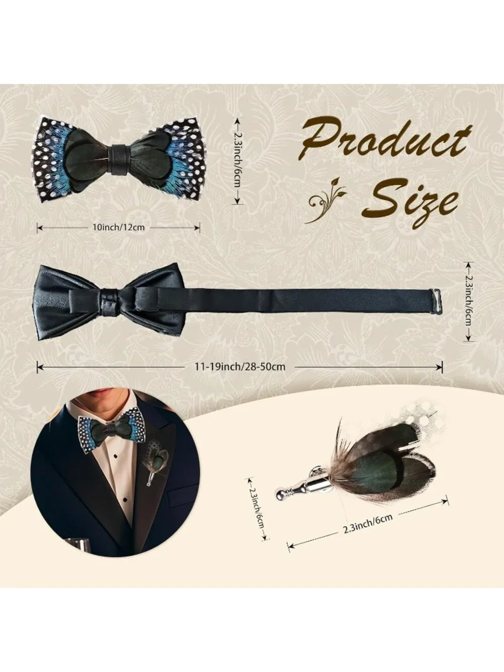 Adjustable Feather Bow Tie for Men, Handmade Leather Tuxedo Accessory